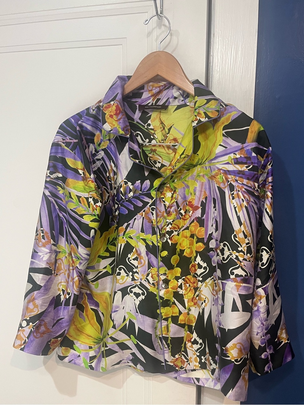 Jim Thompson Floral Button-Down Silk Blouse in Purple, Green and Yellow, Sz 6